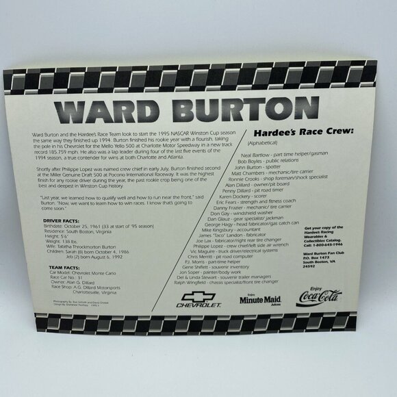 Ward Burton 8x10 Photo - 1995 Hardee’s Racing Nascar Winston Cup - Picture 3 of 9